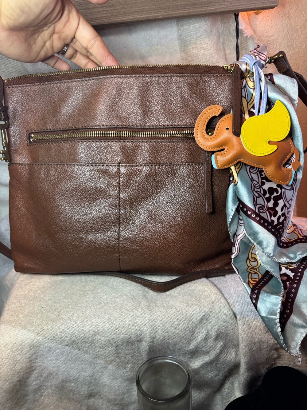 Fossil Brown Leather Shoulder Bag with Scarf and Elephant Charm